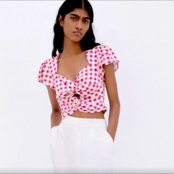 NWOT XS Zara Fuchsia Pink & White Gingham Cotton Crop Top, Flutter Sleeve - Picture 2 of 6